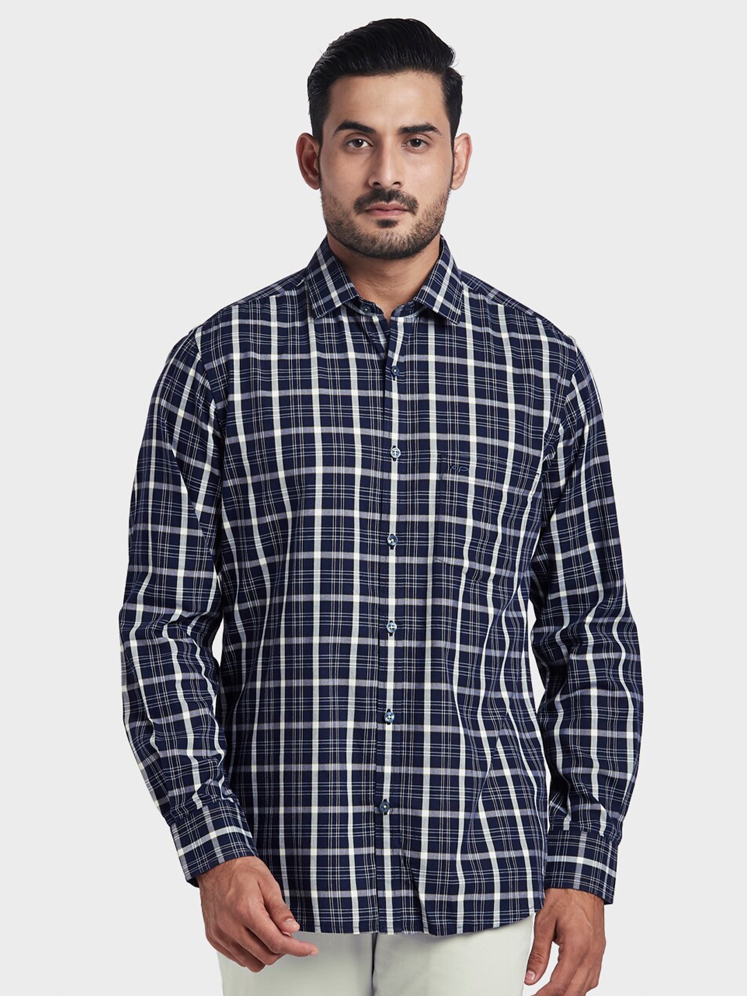 

ColorPlus Men Navy Blue Tailored Fit Checked Formal Shirt