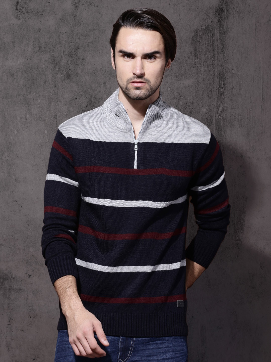 

Roadster Men Navy Blue & Grey Striped Pullover