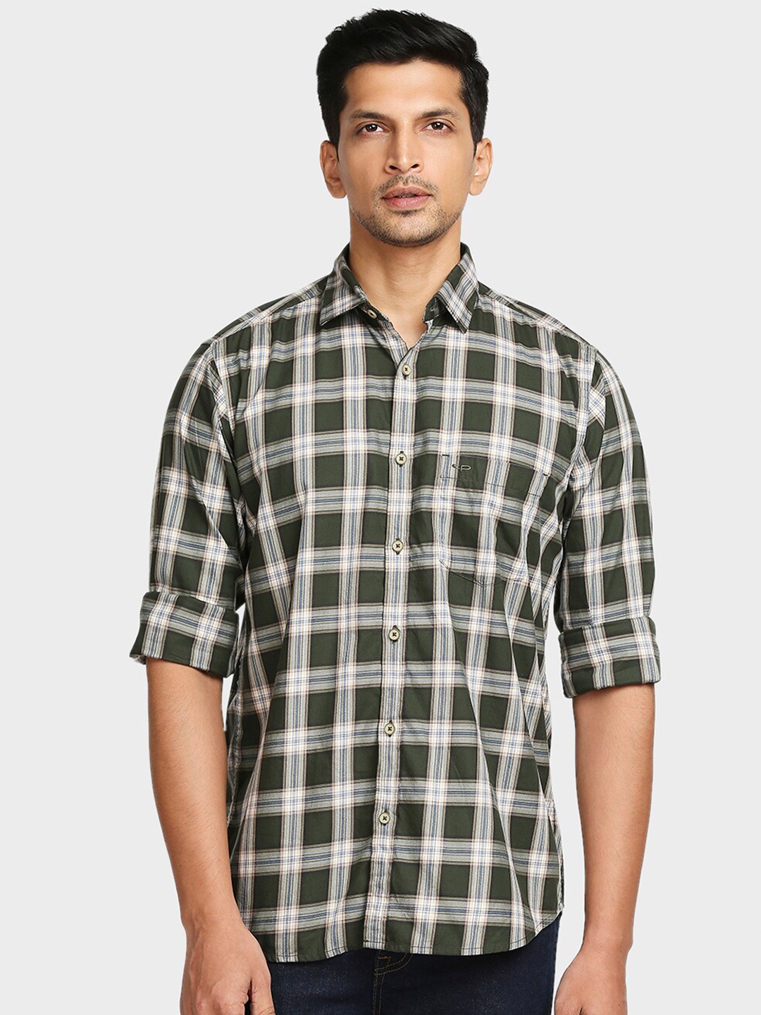 

ColorPlus Men Green Tailored Fit Checked Casual Shirt