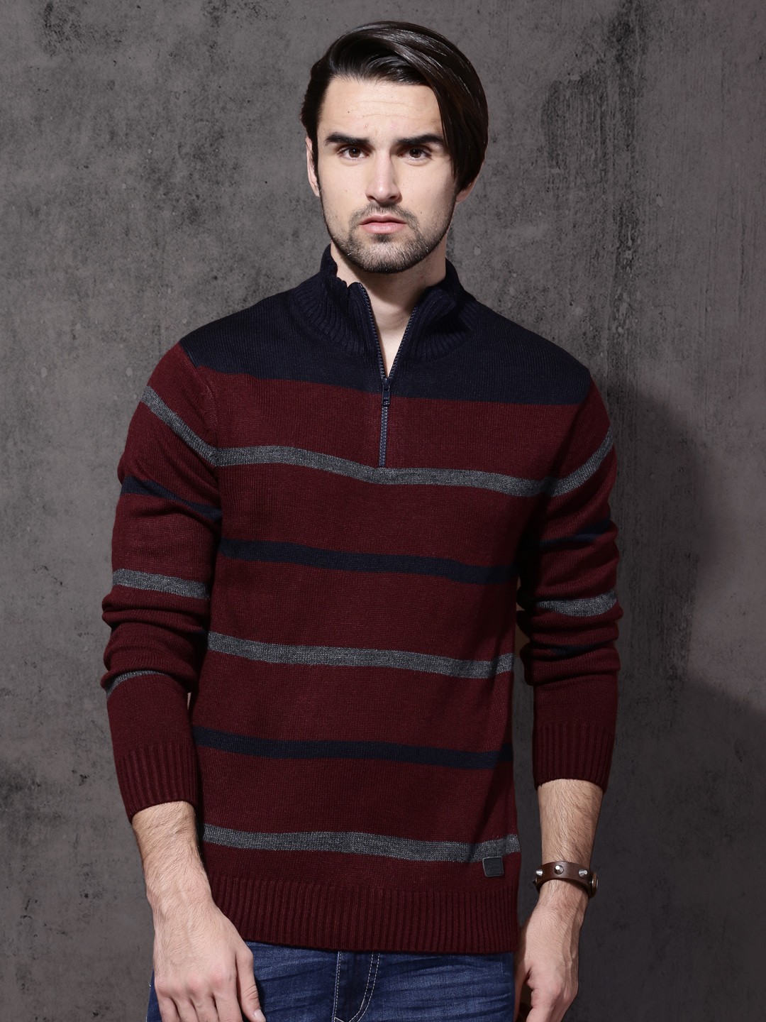 

Roadster Men Maroon & Navy Blue Striped Pullover
