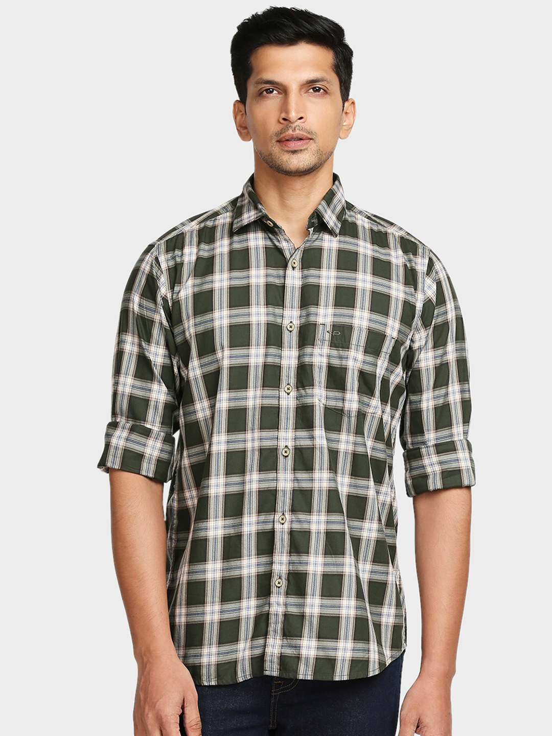 

ColorPlus Men Green Tailored Fit Checked Casual Shirt