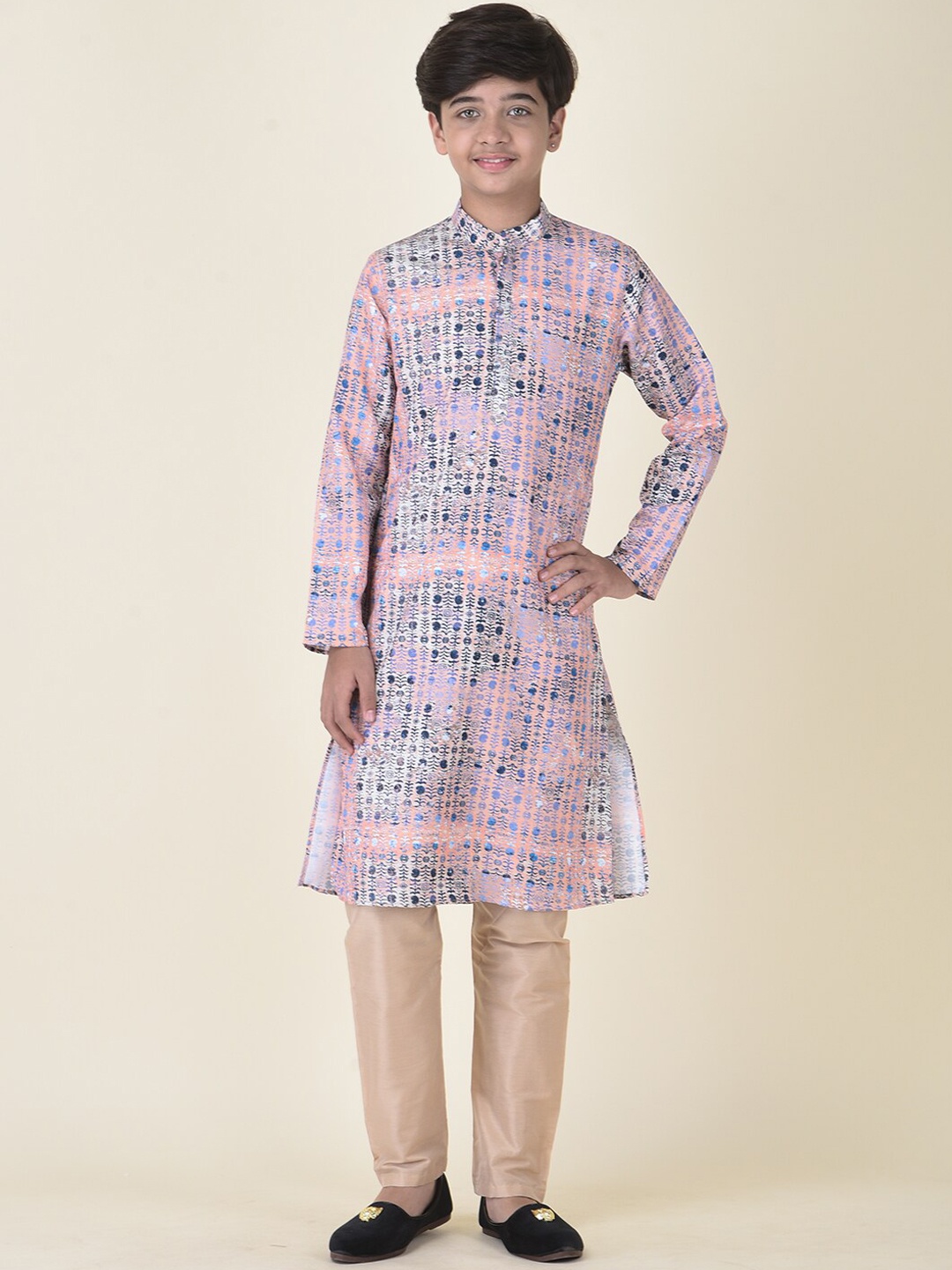 

TABARD Boys Pink & Blue Tribal Printed Kurta