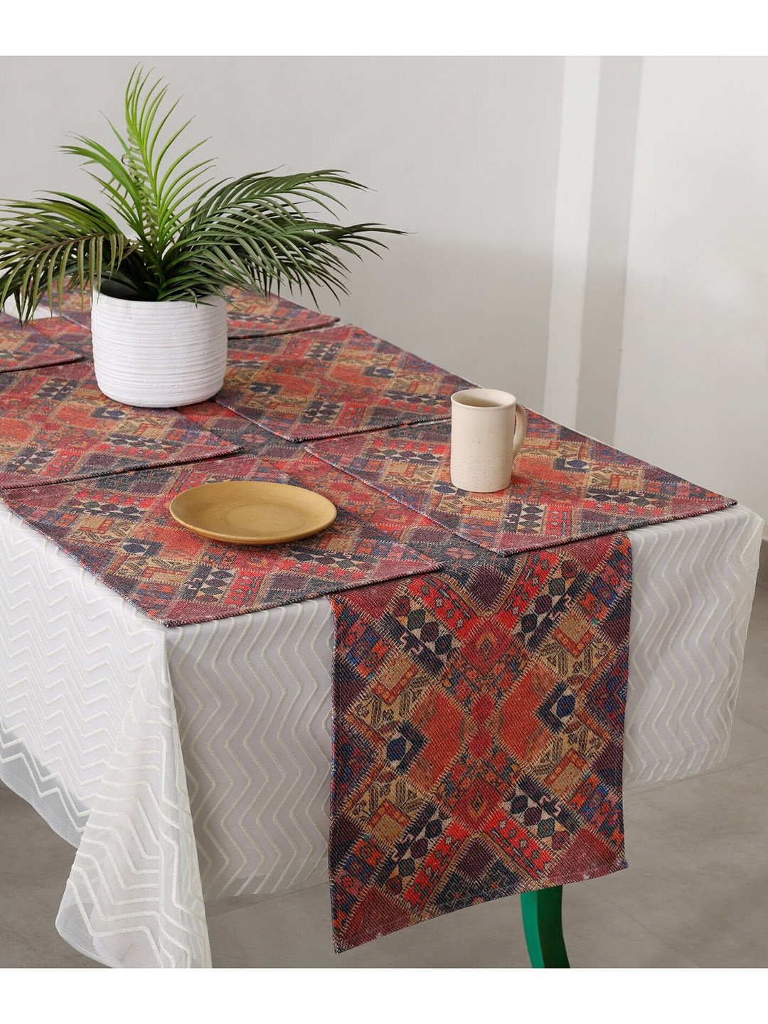 

HANDICRAFT PALACE Set Of 7 Red Printed Pure Cotton Table Placemats & Runner