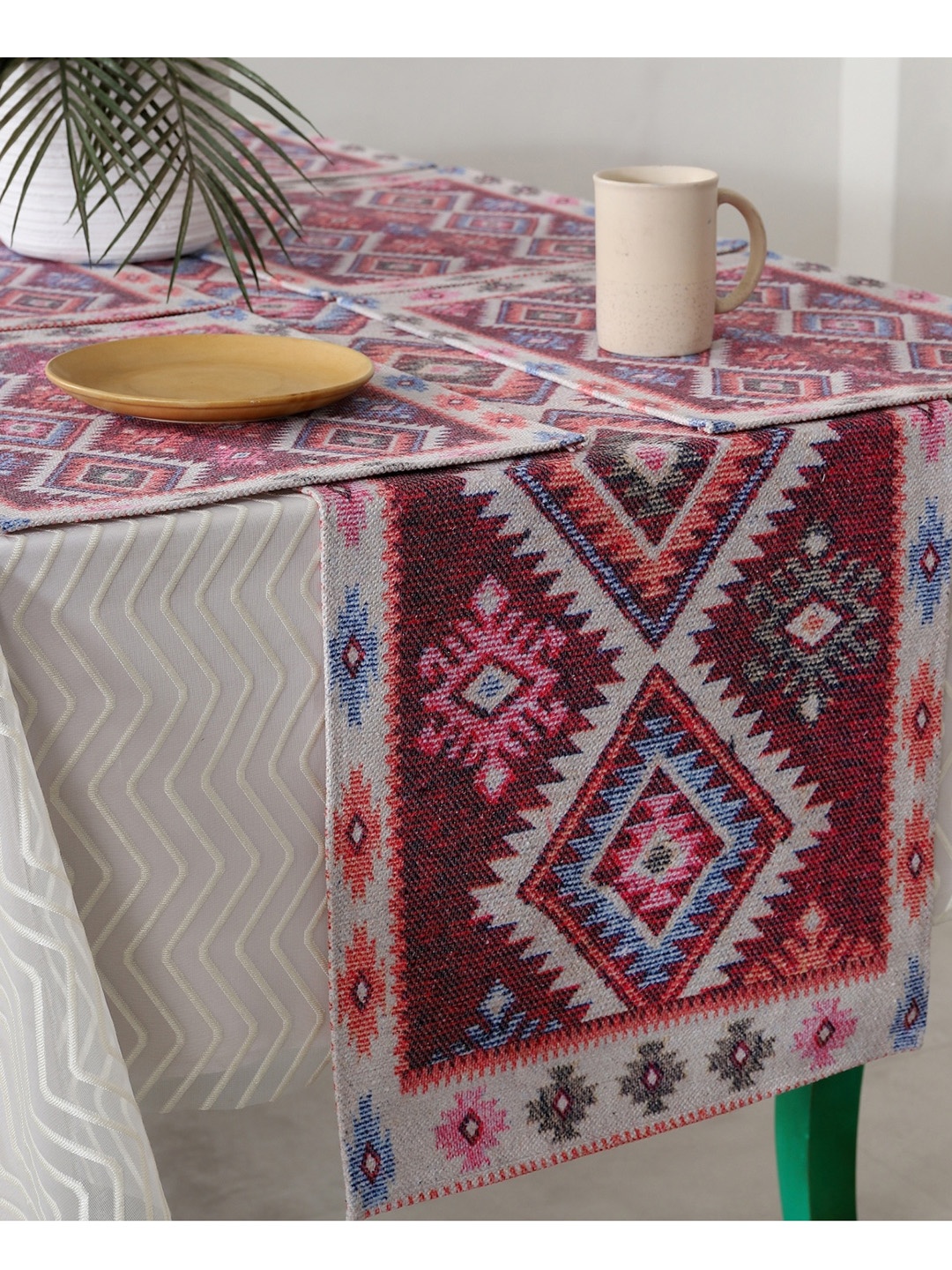 

HANDICRAFT PALACE Maroon Ikat Patchwork Cotton Table Runner And Table Placemats