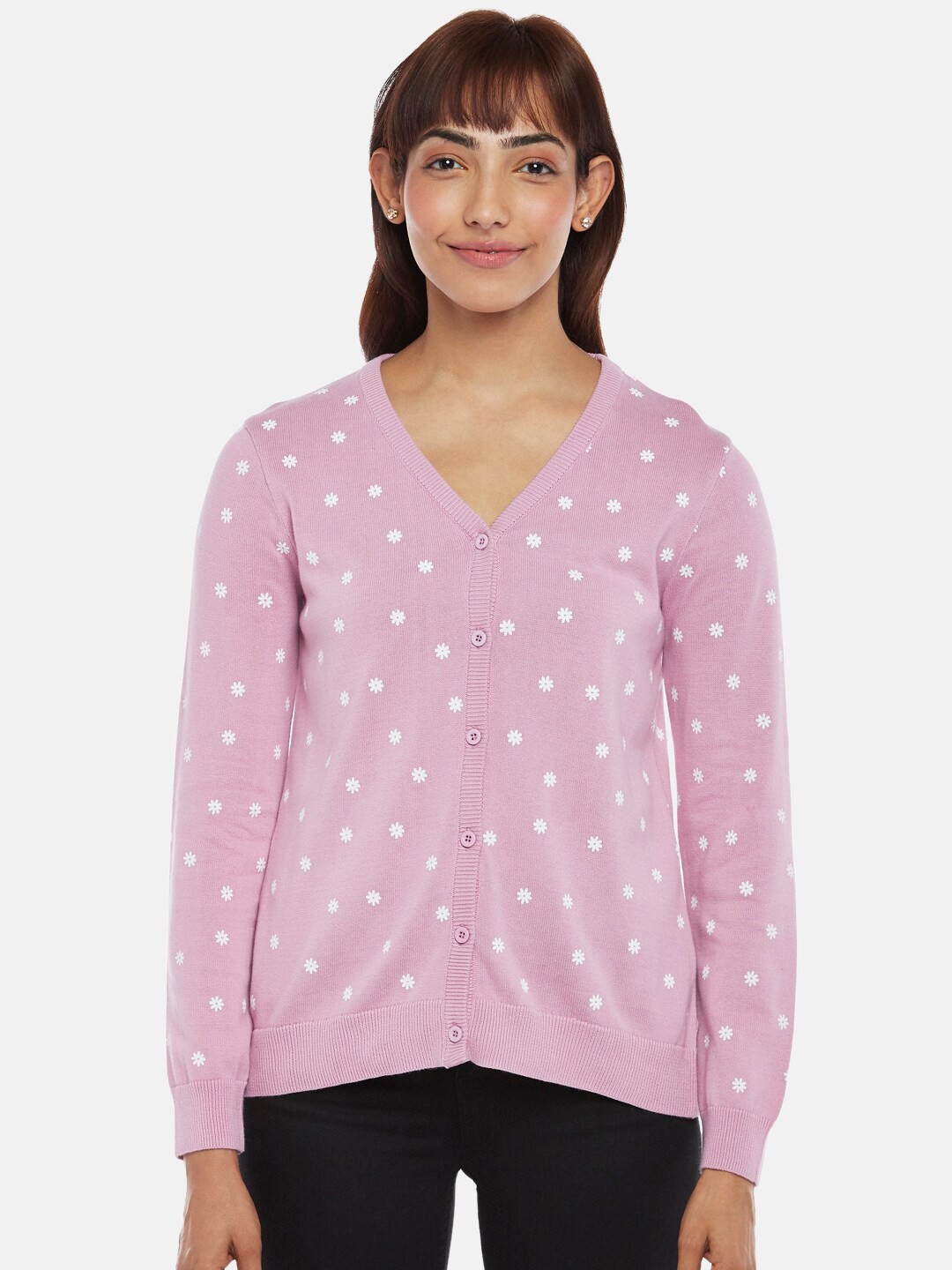 

Honey by Pantaloons Women Pink & White Floral Printed Cardigan