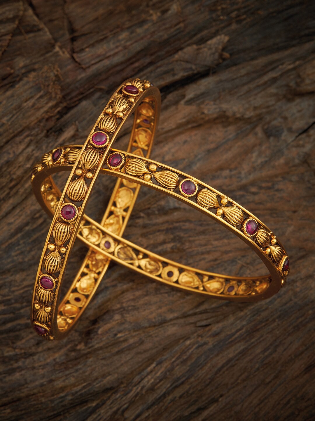 

Kushal's Fashion Jewellery Set Of 2 Gold-Toned & Red Studded Antique Bangle
