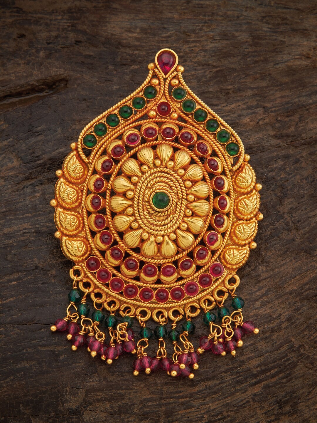 

Kushals Fashion Jewellery 92.5 Silver Gold-Toned Red Green Stone-Studded Beaded Pendant