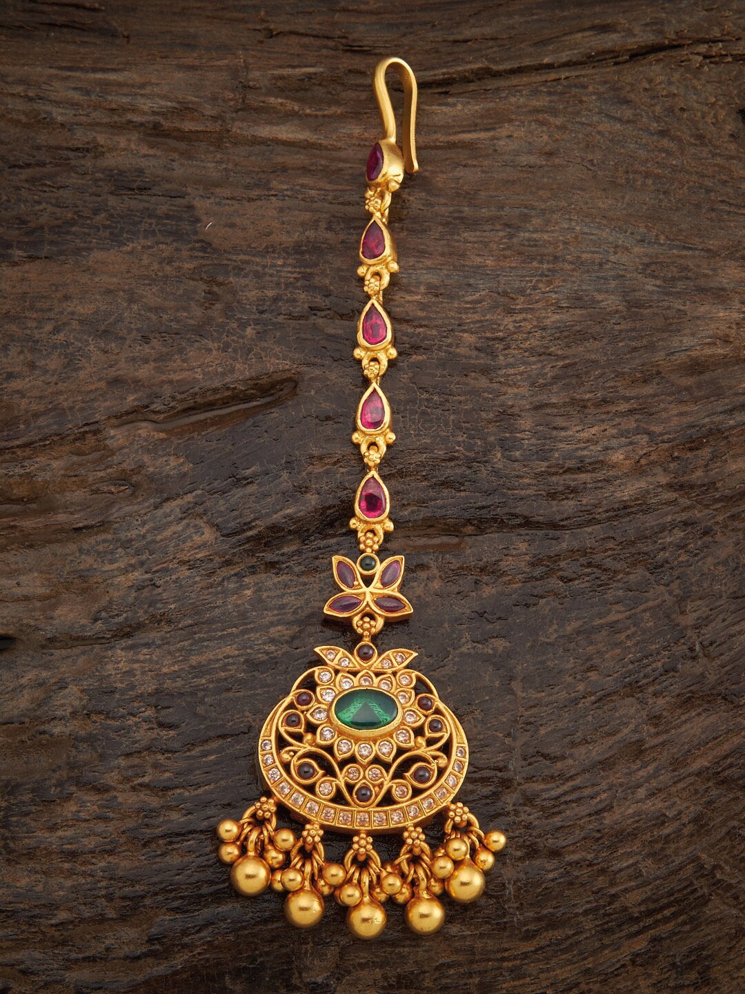 

Kushal's Fashion Jewellery 92.5 Silver Gold-Ruby Red & Green Studded & Beaded Maang Tikka