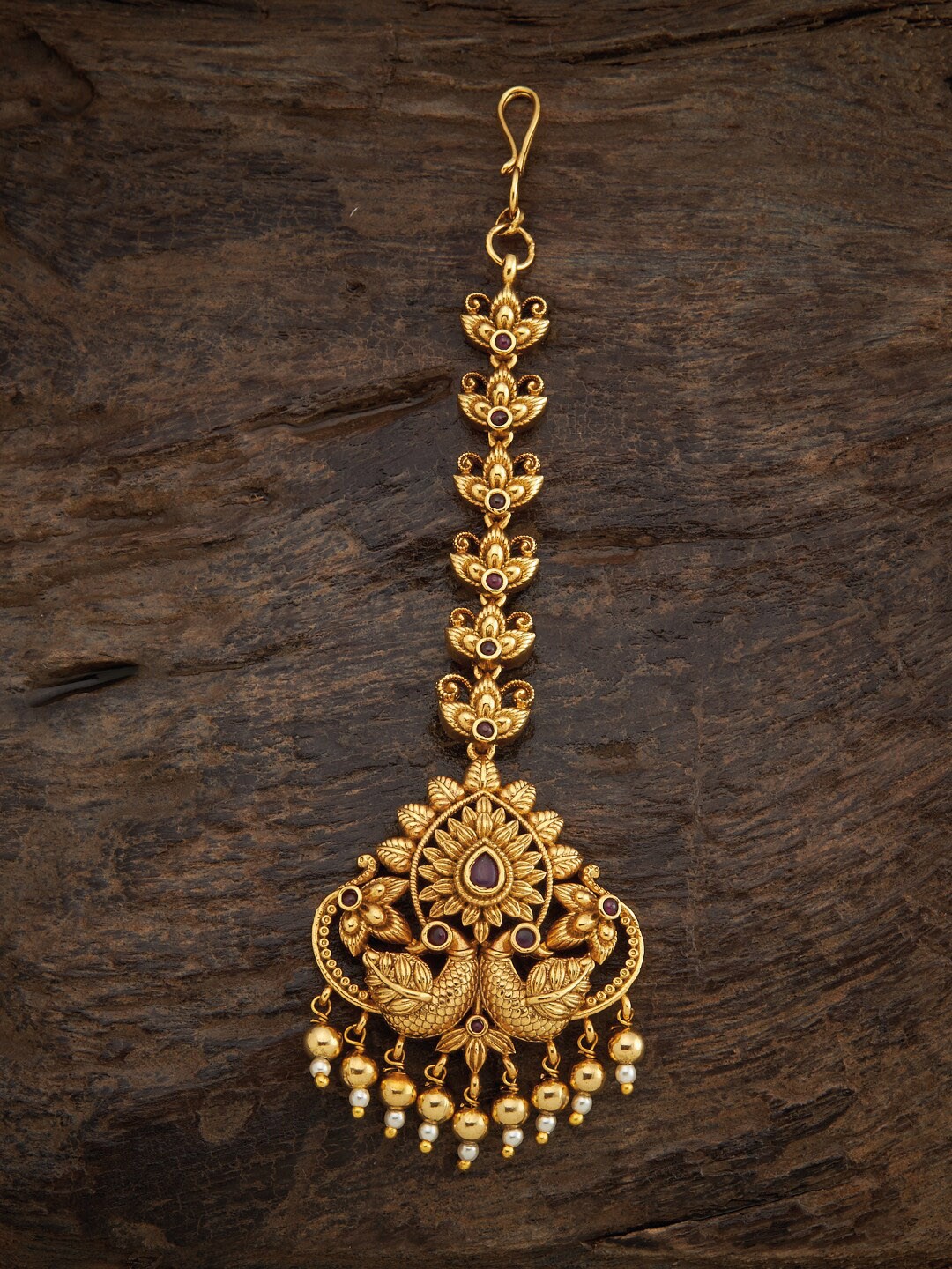 

Kushal's Fashion Jewellery Gold-Toned Ruby Red Stone Studded & Beaded Maang Tikka