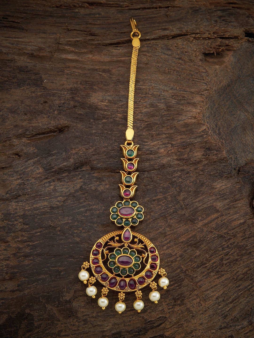 

Kushal's Fashion Jewellery Gold-Toned Green & Red Stone-Studded & Beaded Maang Tikka