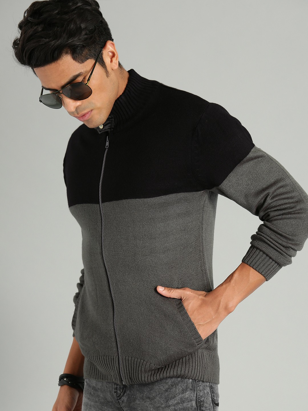 

Roadster Men Black & Charcoal Grey Colourblocked Cardigan Sweater