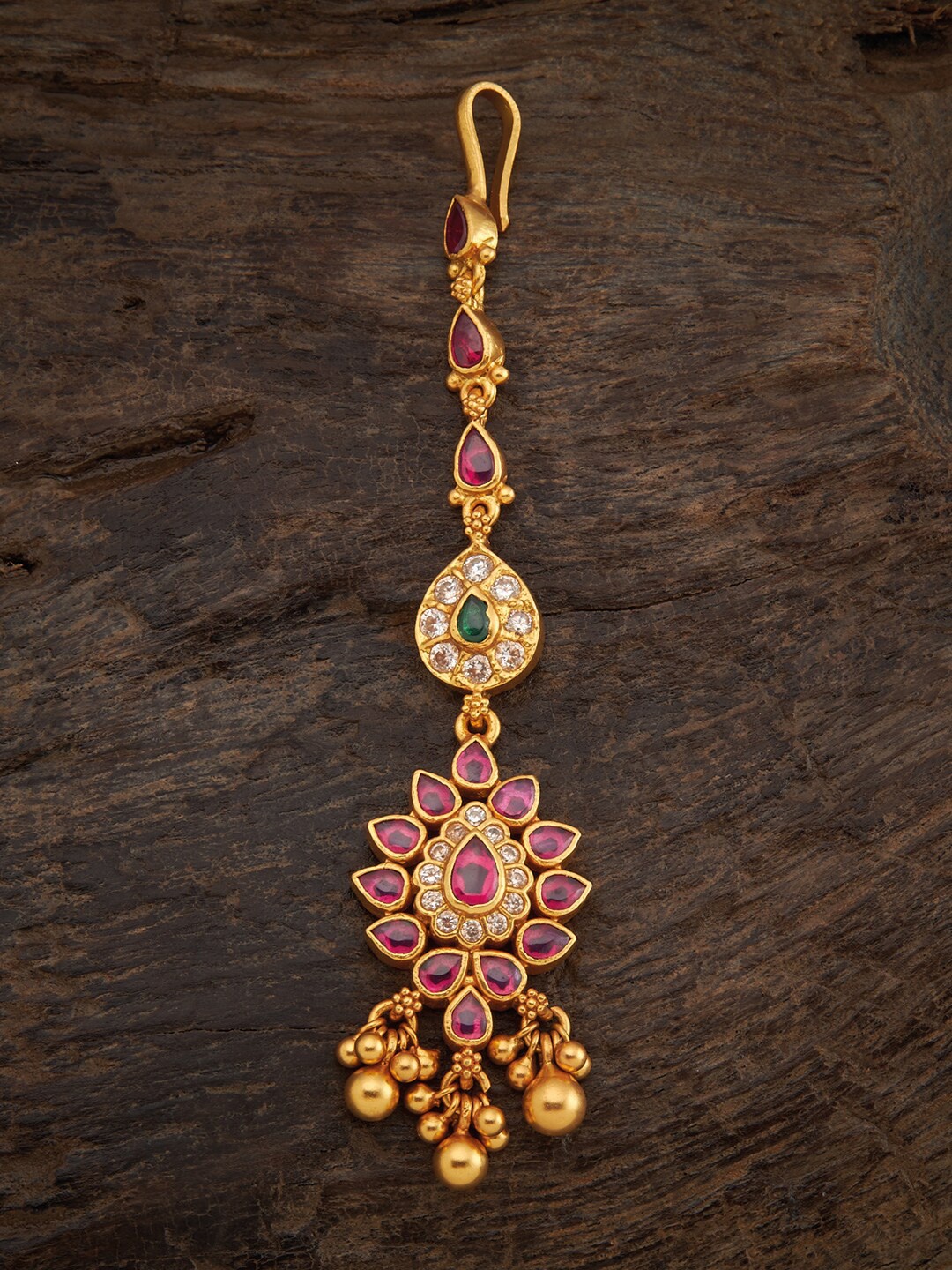 

Kushal's Fashion Jewellery Gold-Plated Stone Studded 92.5 Silver Maang Tikka, Red