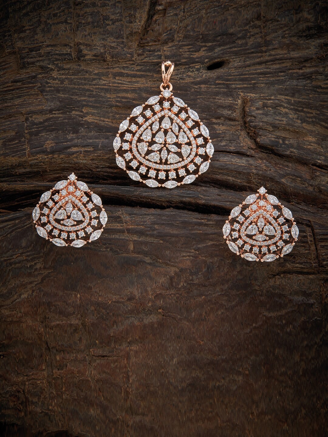 

Kushal's Fashion Jewellery Rose-Gold Plated & White CZ Studded Pendant With Earrings