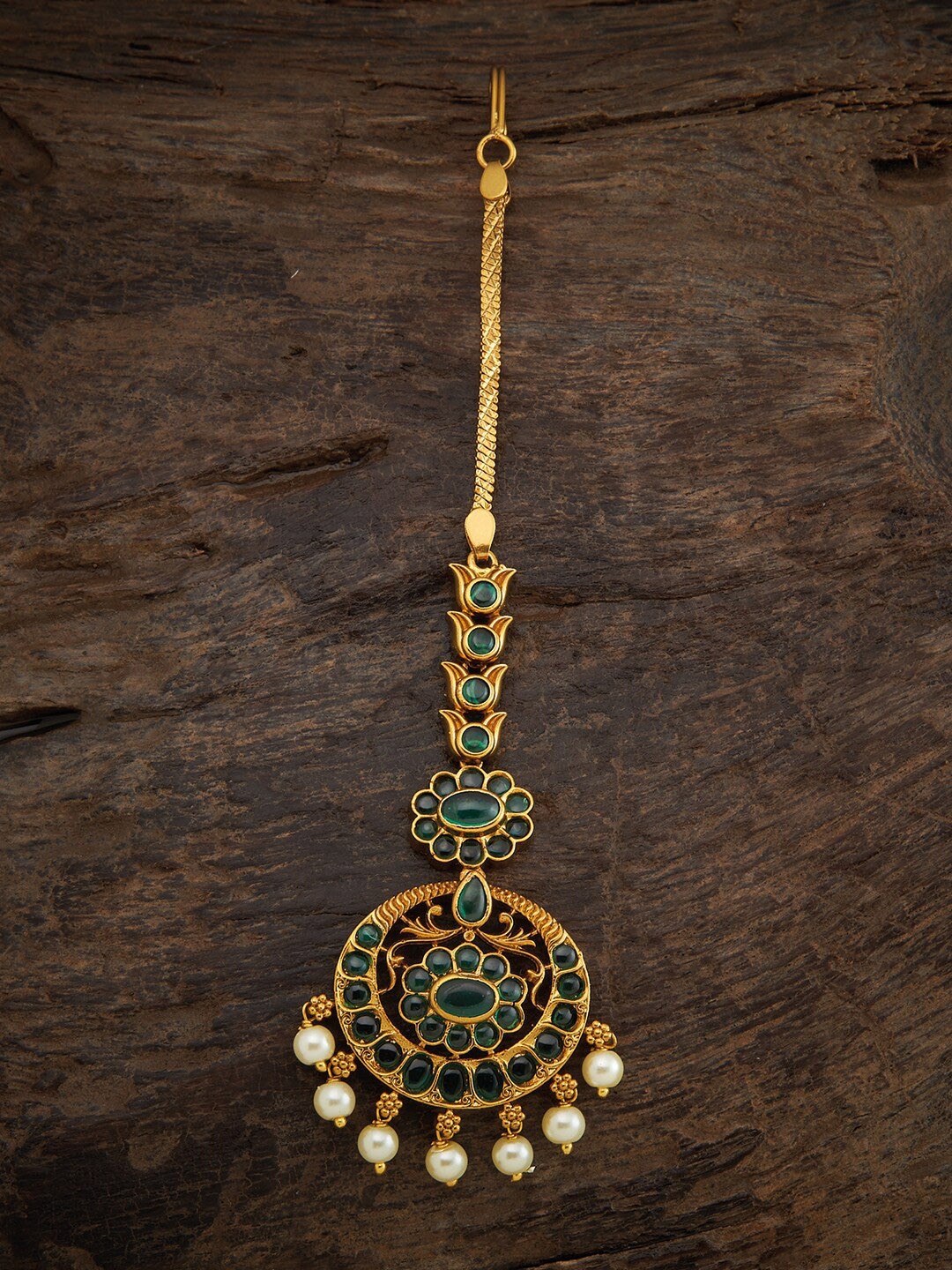 

Kushal's Fashion Jewellery Gold-Toned Green Stones Studded & Beaded Maang Tika