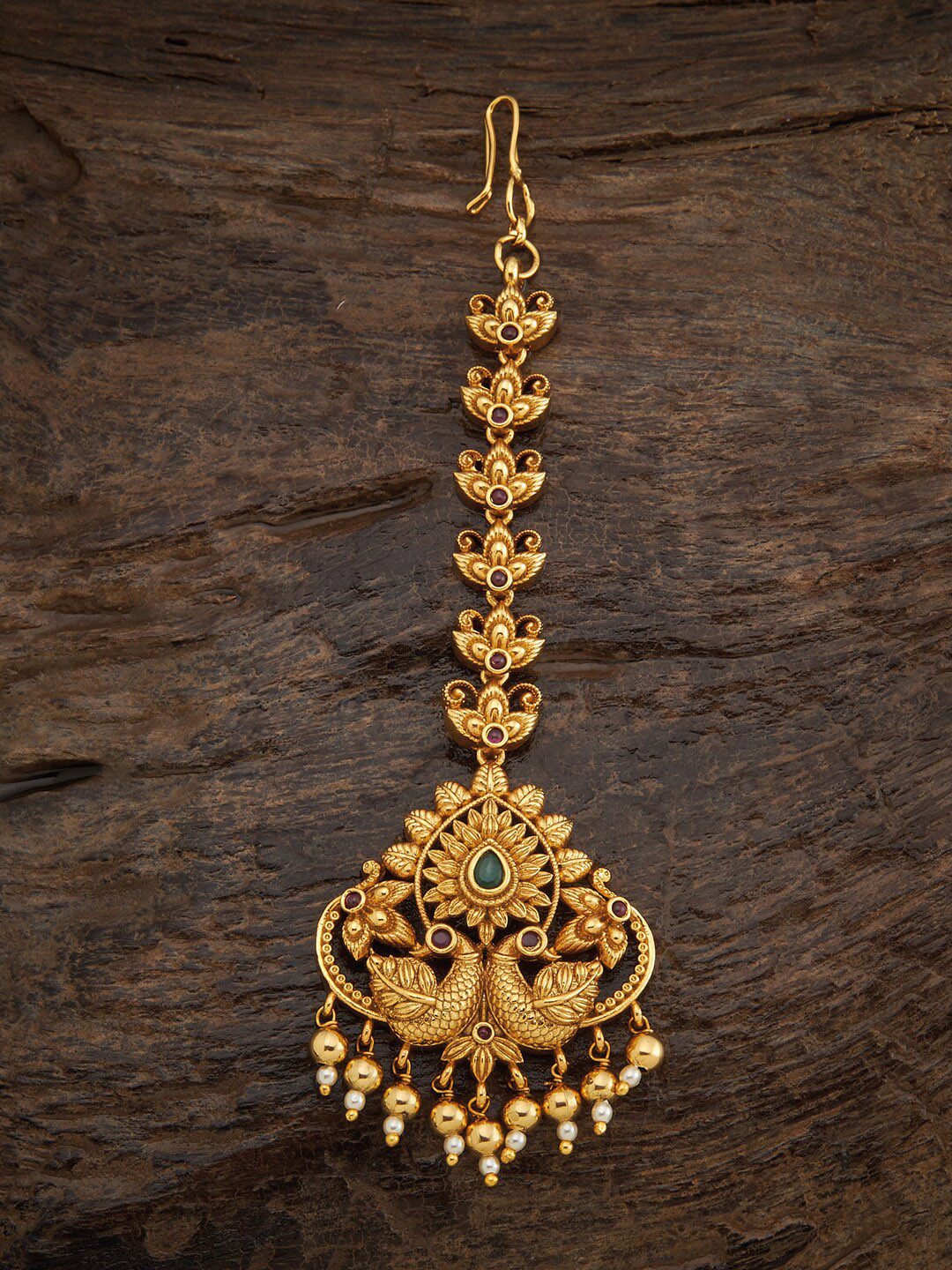 

Kushal's Fashion Jewellery Gold-Toned Pink & Green Stone Studded Maangtikka
