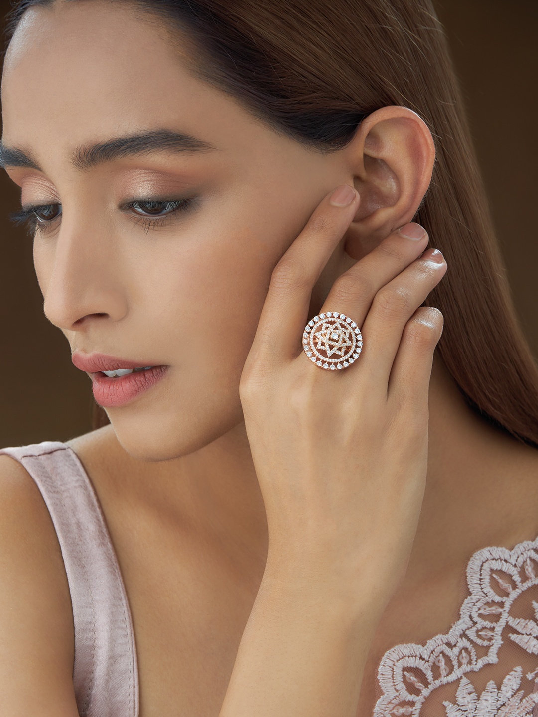 

Kushal's Fashion Jewellery Rose Gold-Plated White CZ Studded Adjustale Finger Ring