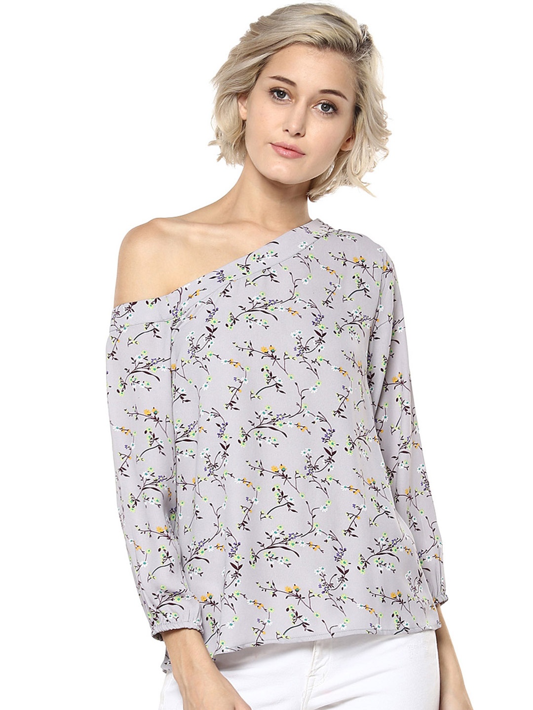 

Harpa Women Grey One-Shoulder Printed Top