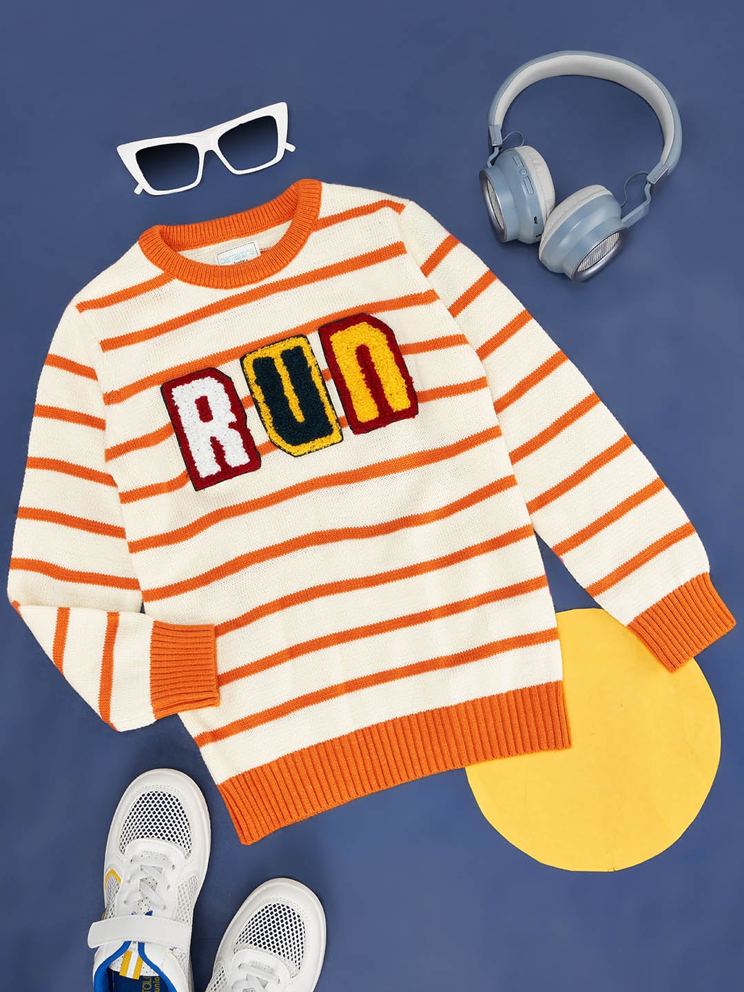 

Pantaloons Junior Boys Orange & Off White Striped Pullover