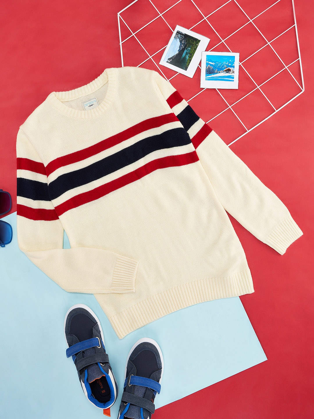 

Pantaloons Junior Boys Off White & Red Striped Pullover