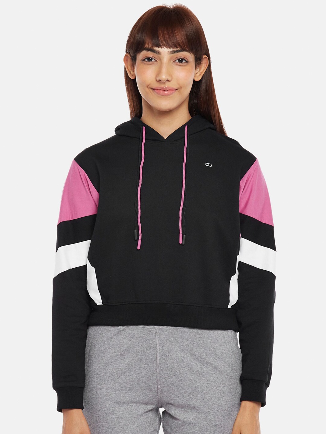

Ajile by Pantaloons Women Black & Pink Colourblocked Hooded Sweatshirt