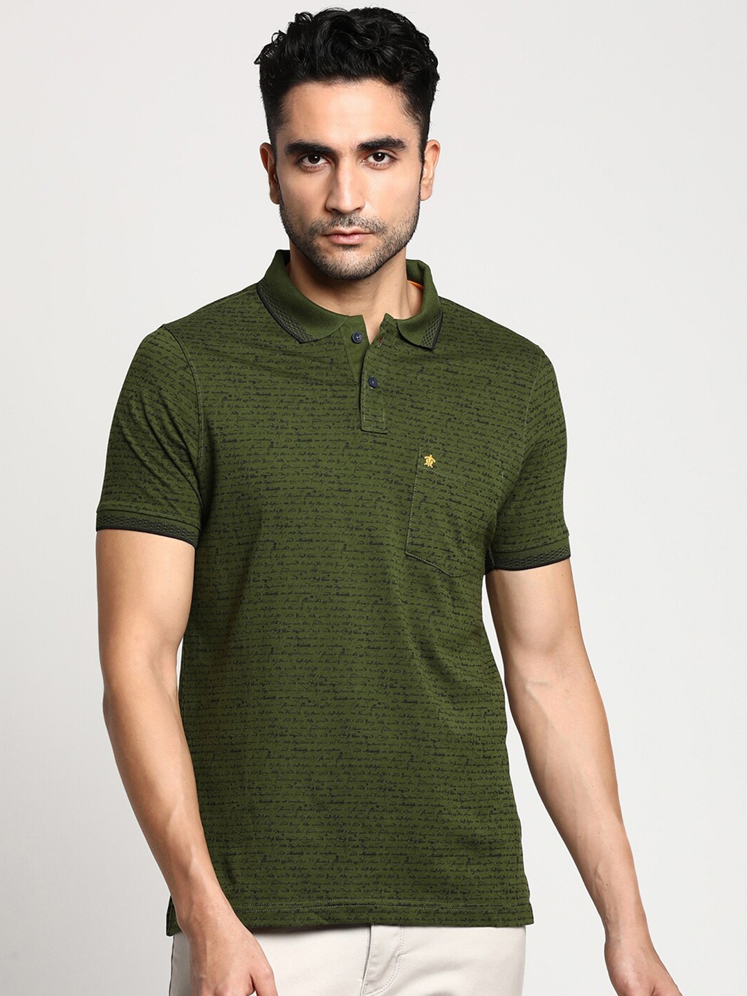 

Turtle Men Olive Green Striped Polo Collar Pure Cotton Slim Fit T-shirt