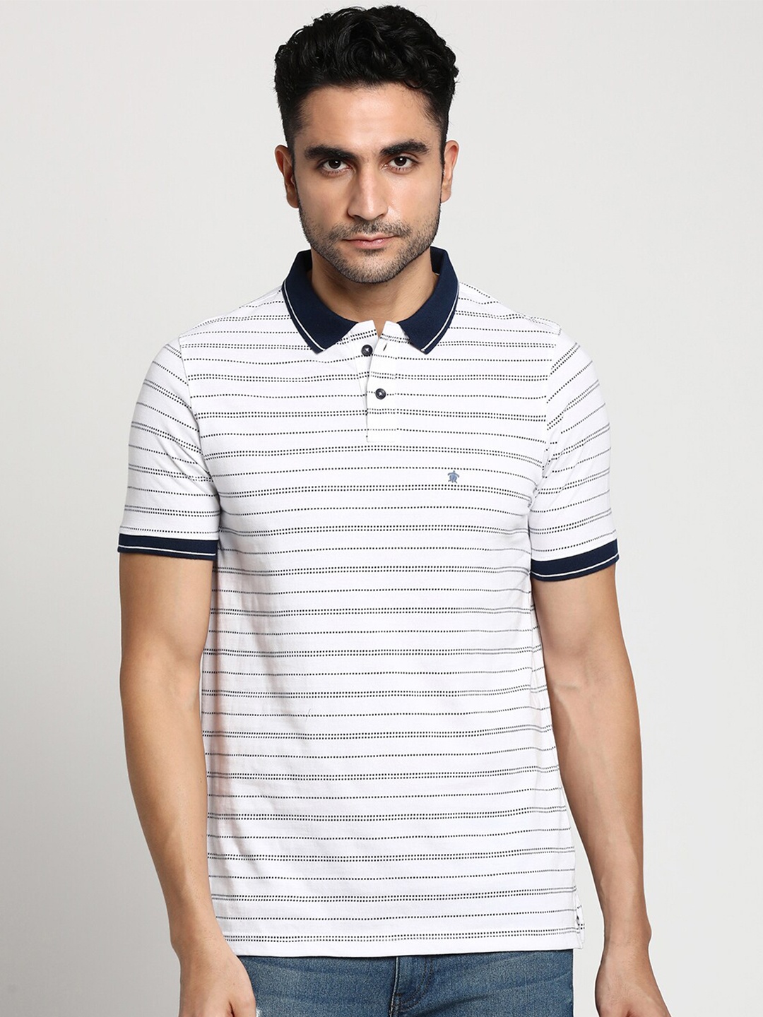 

Turtle Men White Striped Polo Collar Pure Cotton Slim Fit T-shirt
