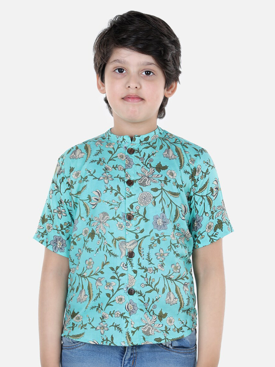 

Cutiekins Boys Sea Green Comfort Floral Printed Mandarin Collar Casual Shirt