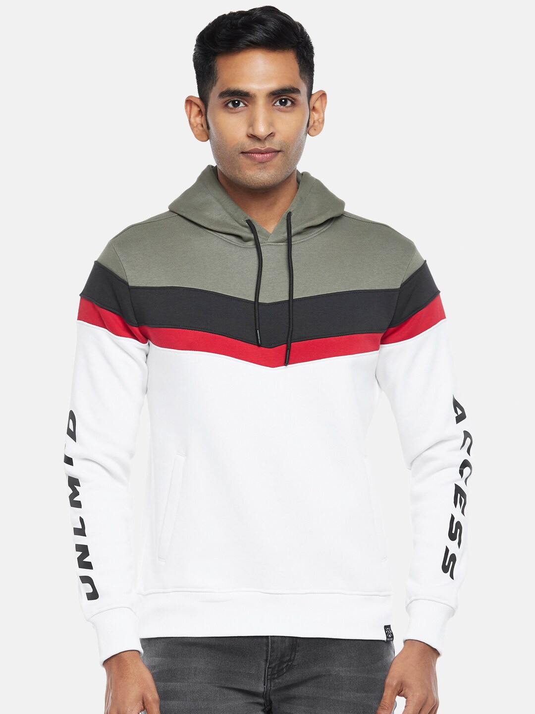 

People Men White Color blocked Hooded Sweatshirt
