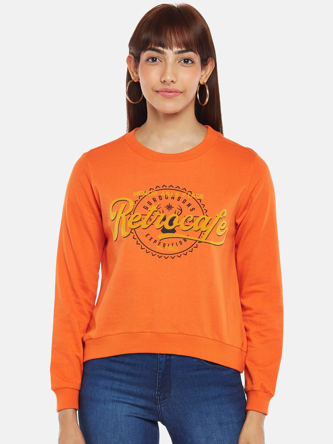 

People Women Orange Printed Sweatshirt