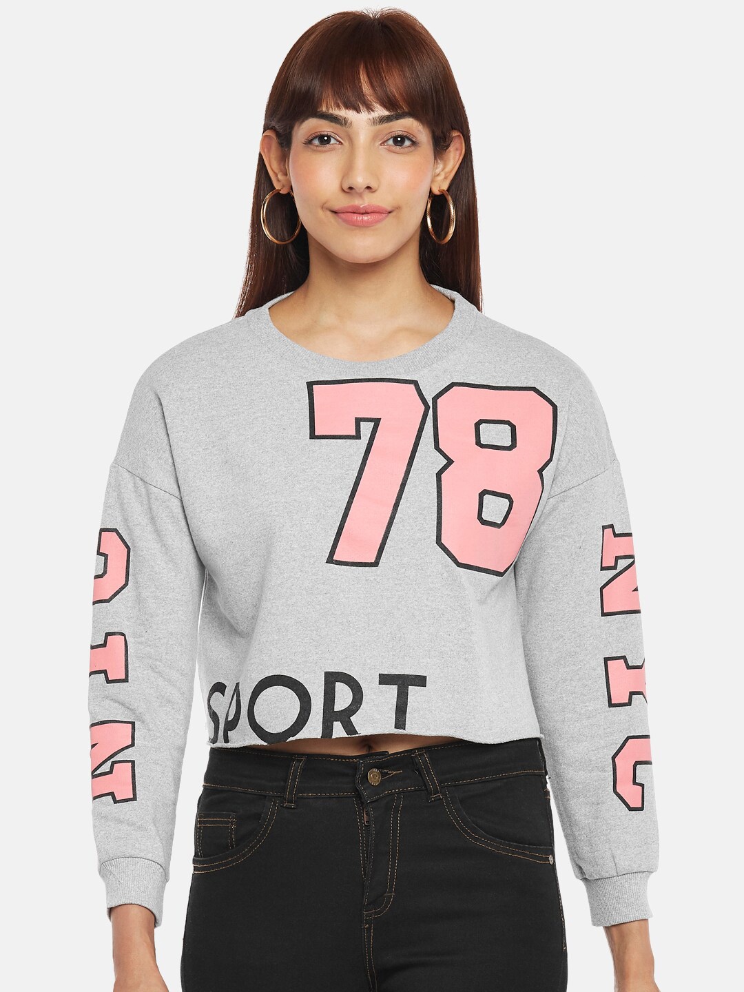 

People Women Grey Printed Pullover Crop Sweatshirt