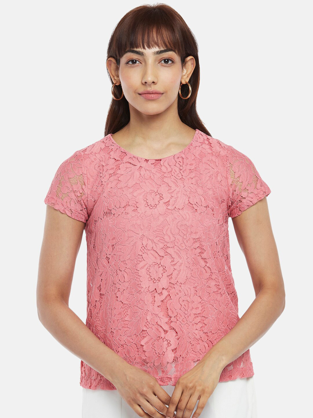 

Honey by Pantaloons Women Pink Floral Lace Embroidered Top