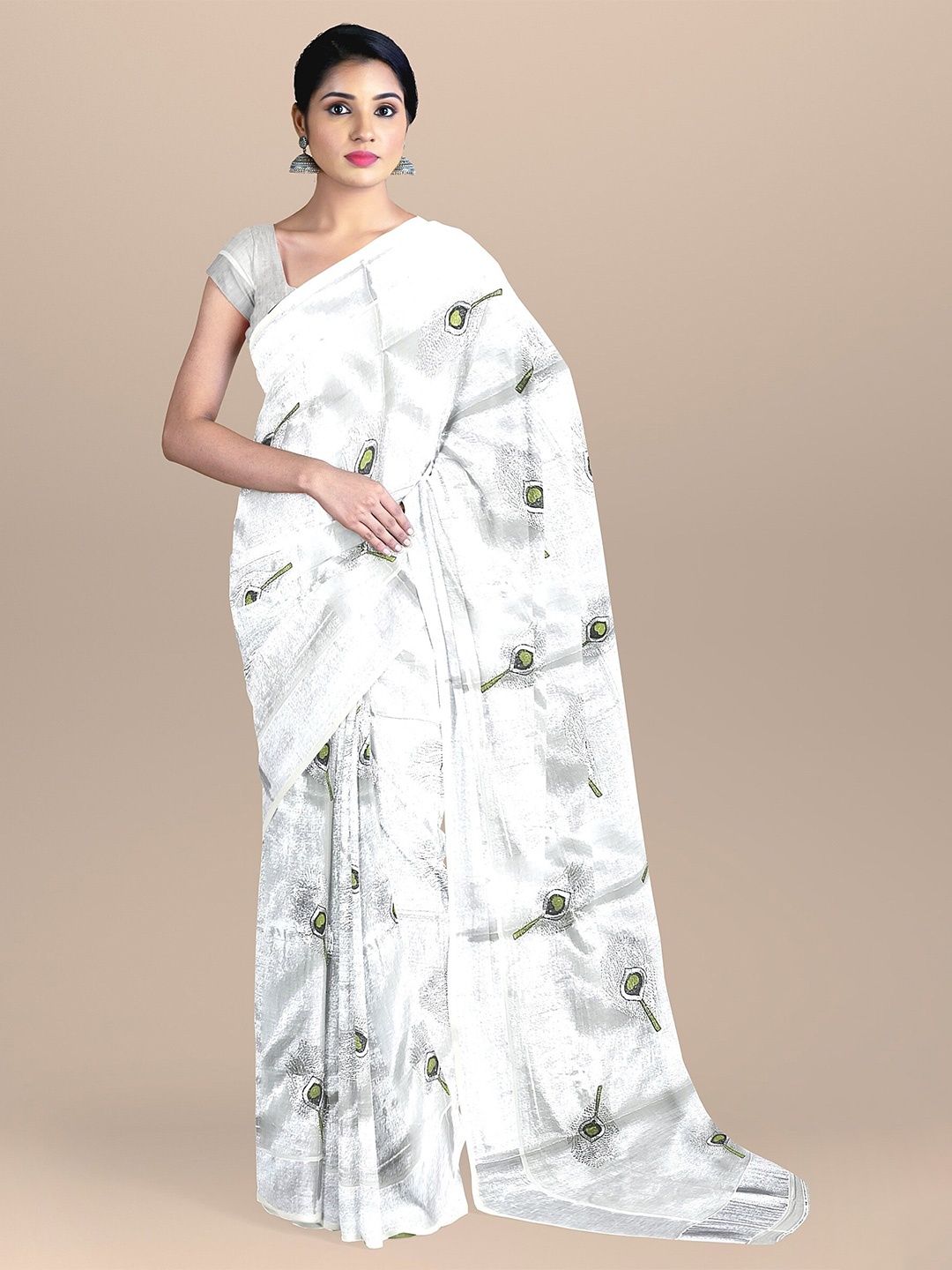 

The Chennai Silks Off White & Green Ethnic Motifs Pure Cotton Fusion Kasavu Saree