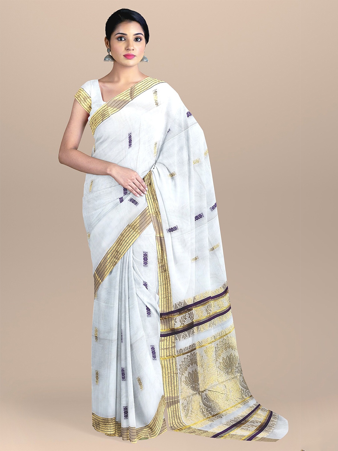 

The Chennai Silks White & Gold-Toned Ethnic Motifs Zari Pure Cotton Fusion Kasavu Saree