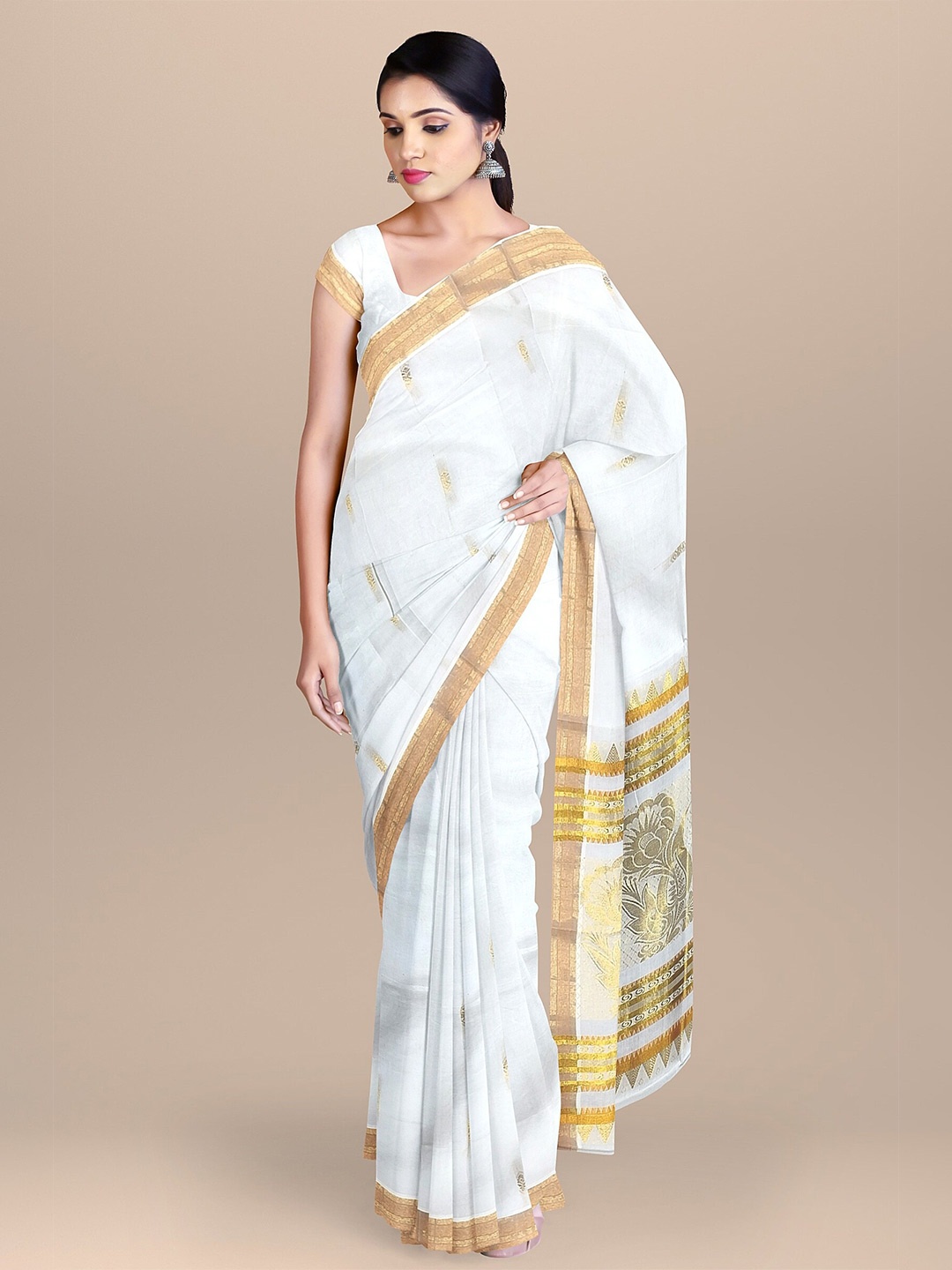 

The Chennai Silks Off White & Gold-Toned Ethnic Motifs Zari Pure Cotton Kasavu Saree