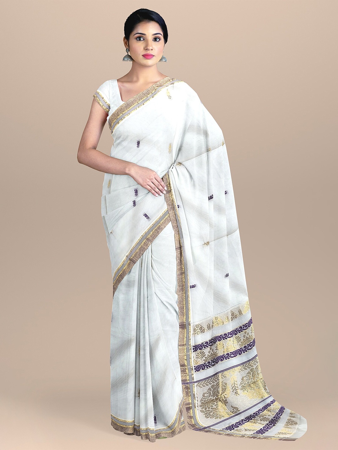 

The Chennai Silks Women Off White Woven Design Zari Pure Cotton Fusion Kasavu Saree