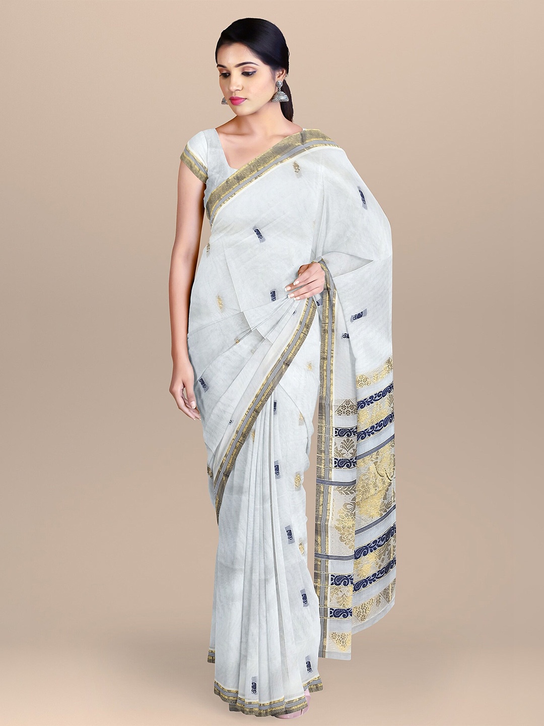 

The Chennai Silks Off White & Gold-Toned Woven Design Zari Pure Cotton Fusion Kasavu Saree