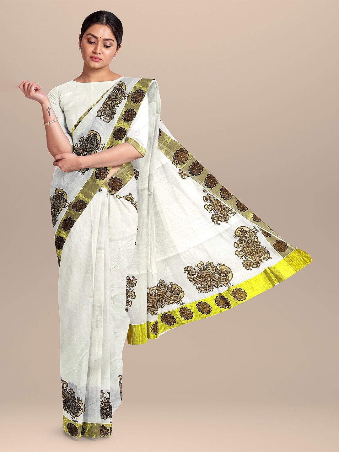 

The Chennai Silks Off White & Gold-Toned Ethnic Motifs Zari Pure Cotton Fusion Kasavu Saree