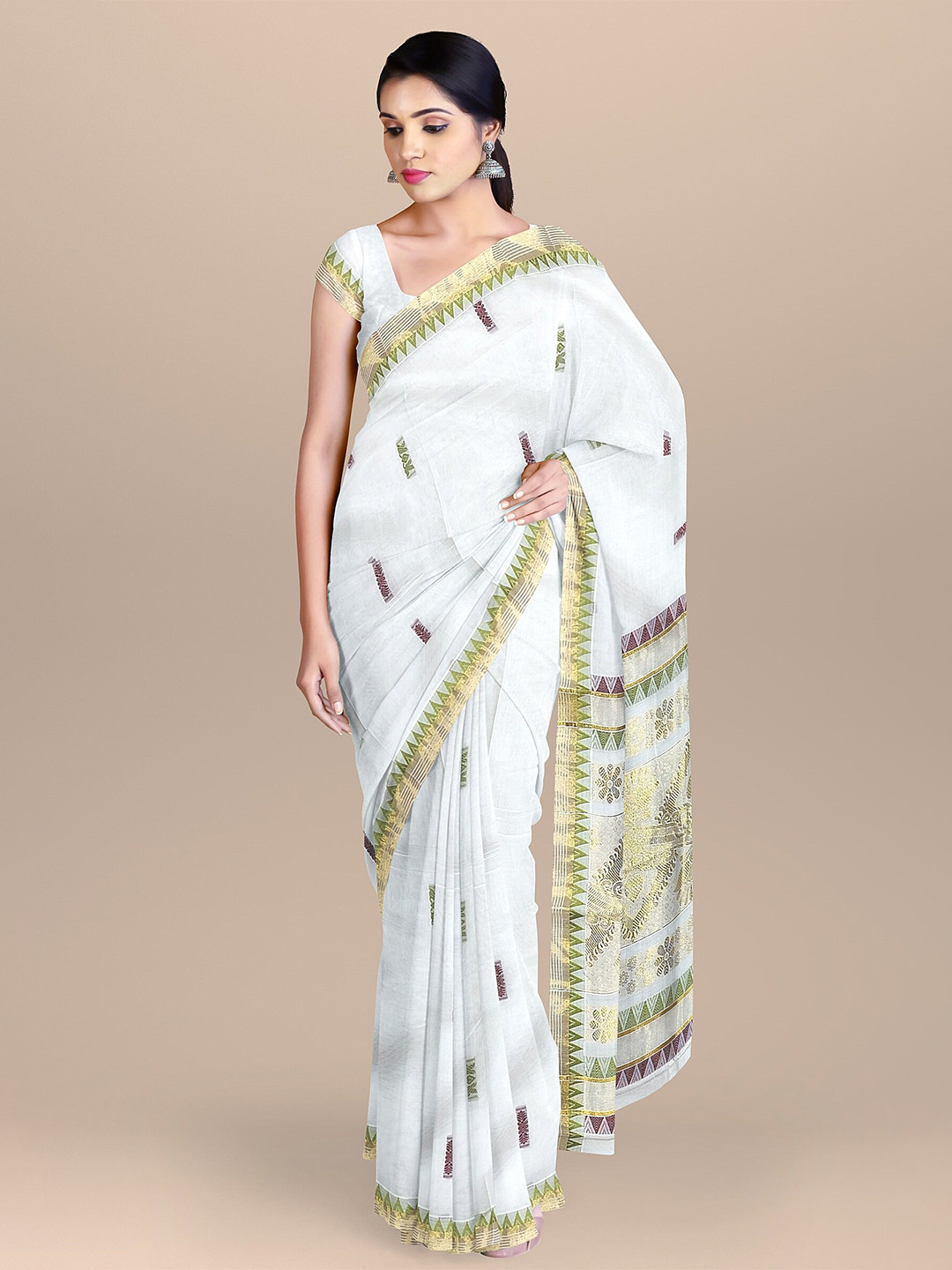 

The Chennai Silks Off White & Gold-Toned Ethnic Motifs Zari Pure Cotton Fusion Kasavu Saree