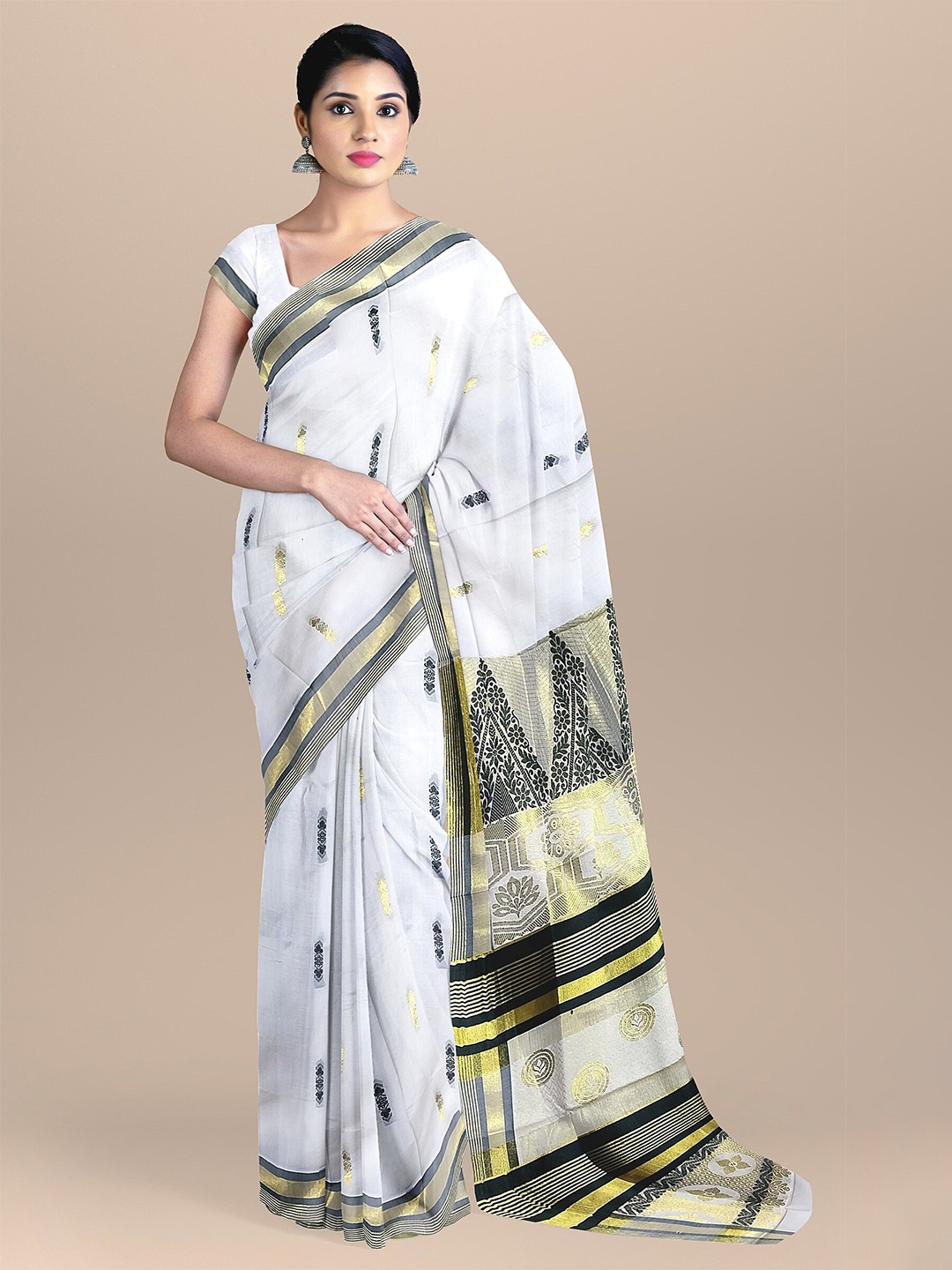 

The Chennai Silks Off White & Grey Ethnic Motifs Zari Pure Cotton Kasavu Saree