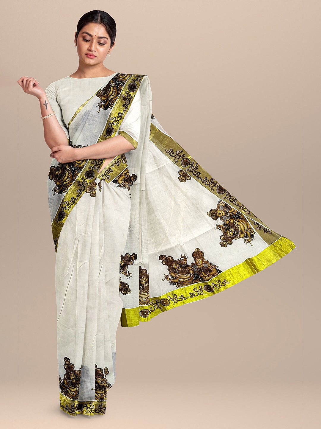 

The Chennai Silks Off White & Gold-Toned Ethnic Motifs Zari Pure Cotton Fusion Kasavu Saree