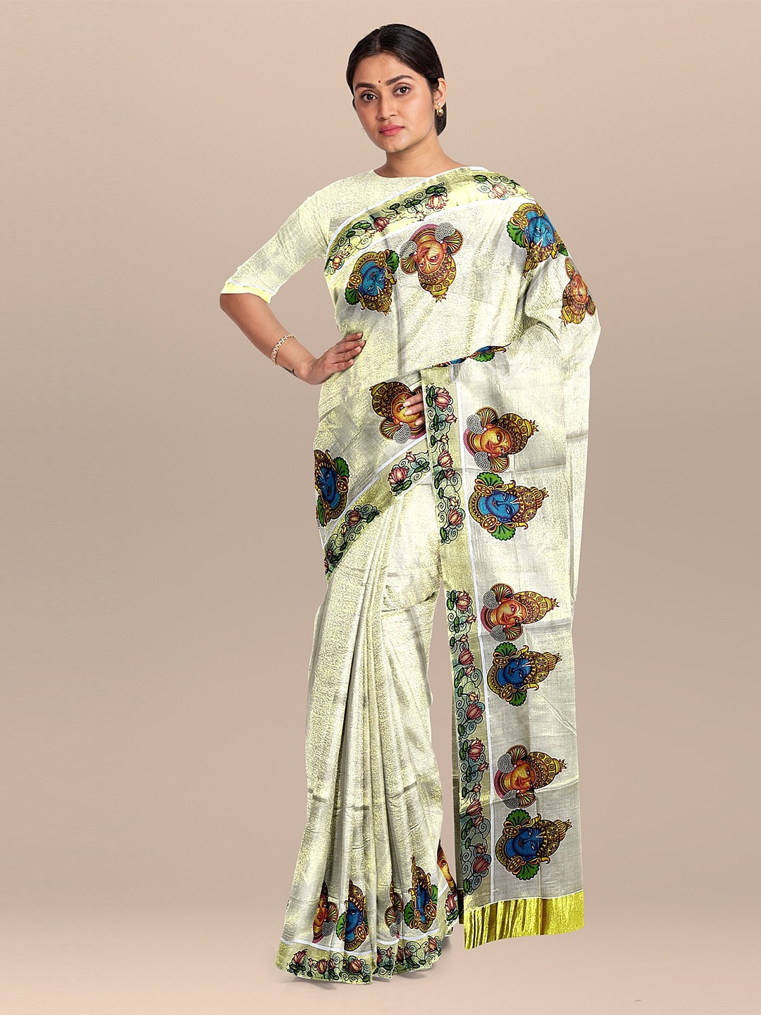 

The Chennai Silks Women Off White Pure Cotton Fusion Kasavu Saree