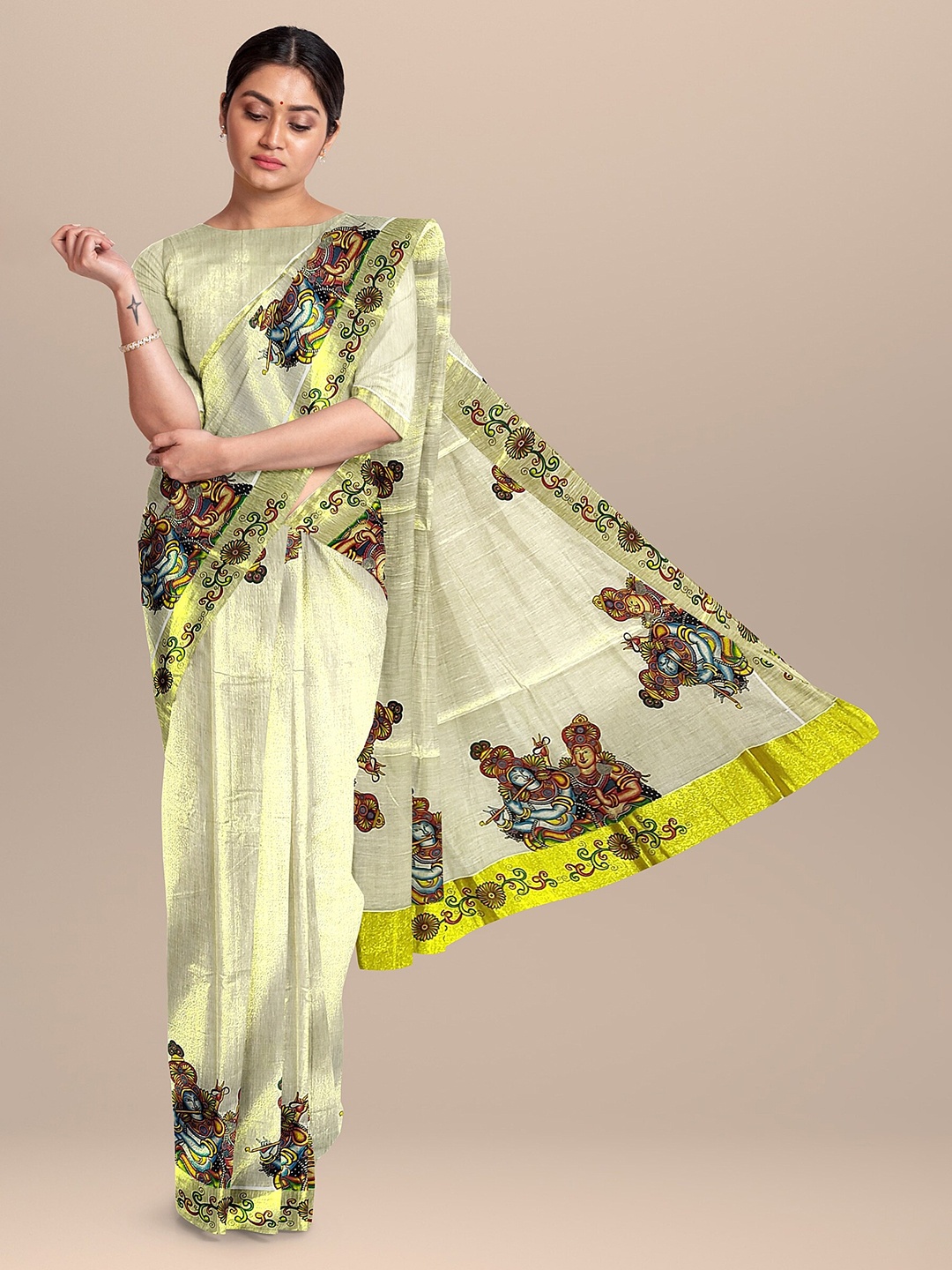 

The Chennai Silks Off White & Green Ethnic Motifs Zari Pure Cotton Fusion Kasavu Saree