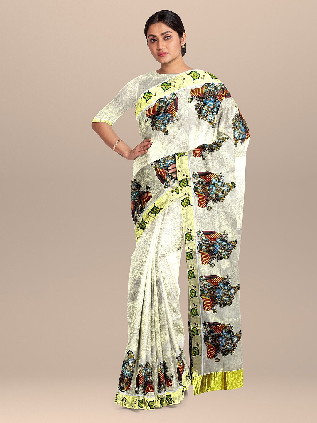 

The Chennai Silks Off White & Red Ethnic Motifs Zari Pure Cotton Fusion Kasavu Saree