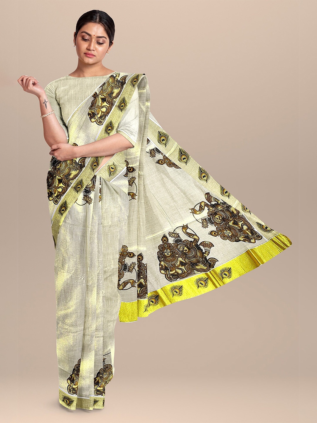 

The Chennai Silks Women Off White & Gold-Toned Kalamkari Zari Pure Cotton Kasavu Saree