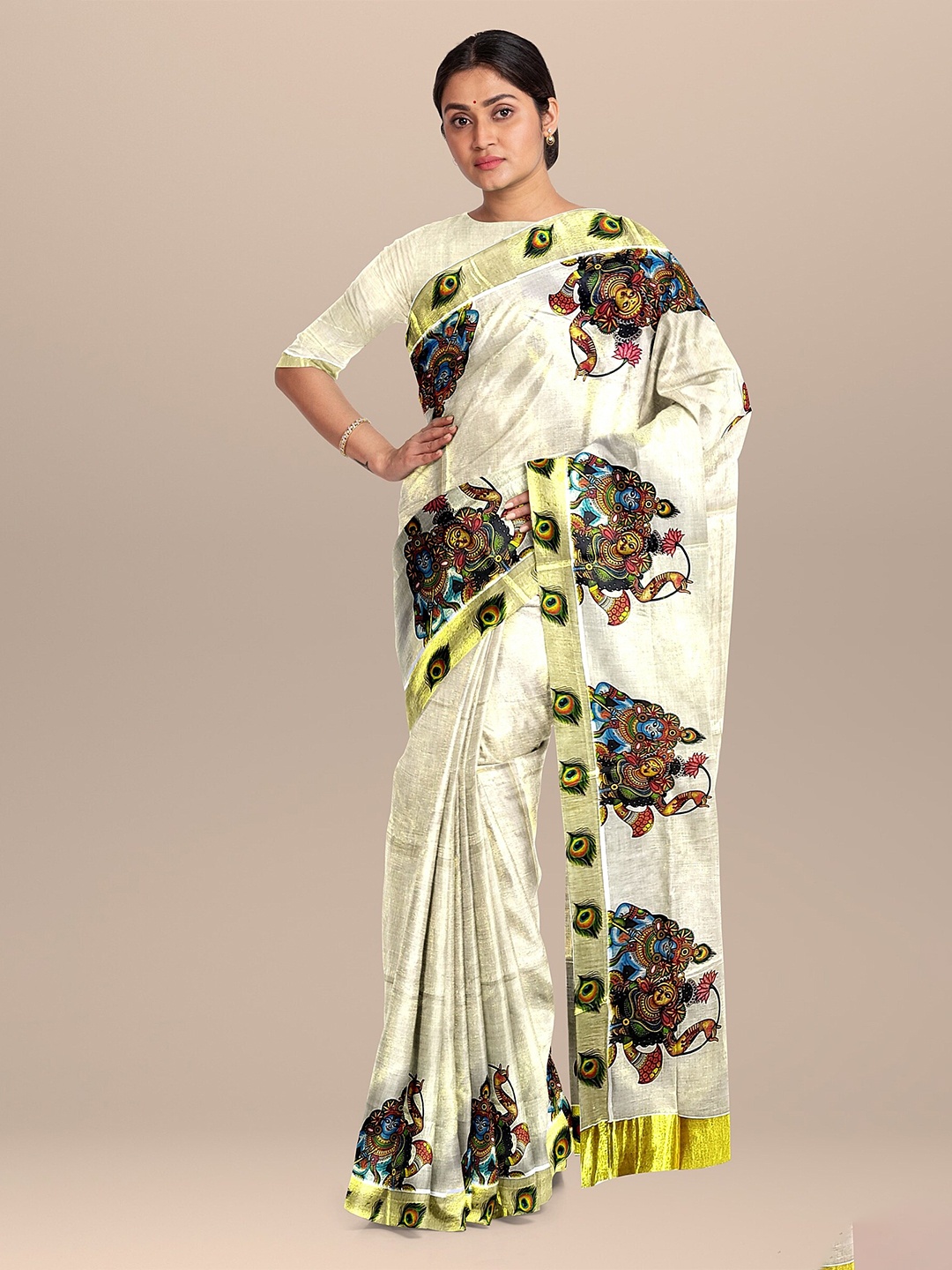

The Chennai Silks Off White & Blue Ethnic Motifs Pure Cotton Fusion Kasavu Saree
