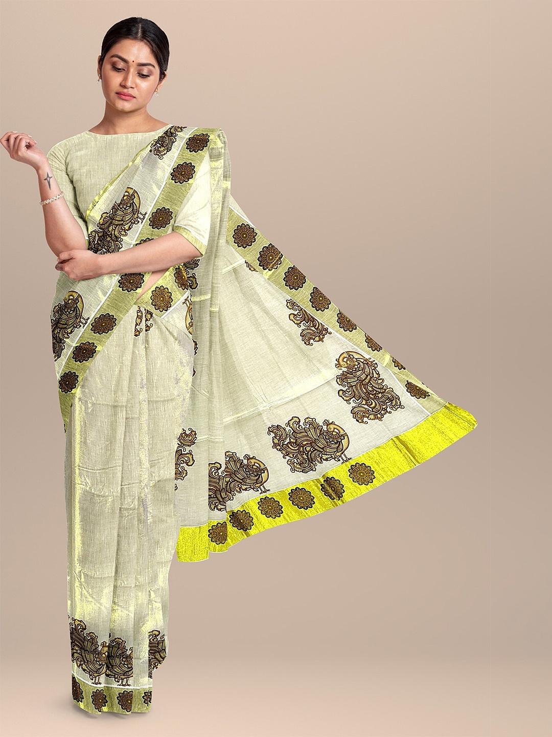 

The Chennai Silks Off White & Gold-Toned Ethnic Motifs Zari Pure Cotton Fusion Kasavu Saree