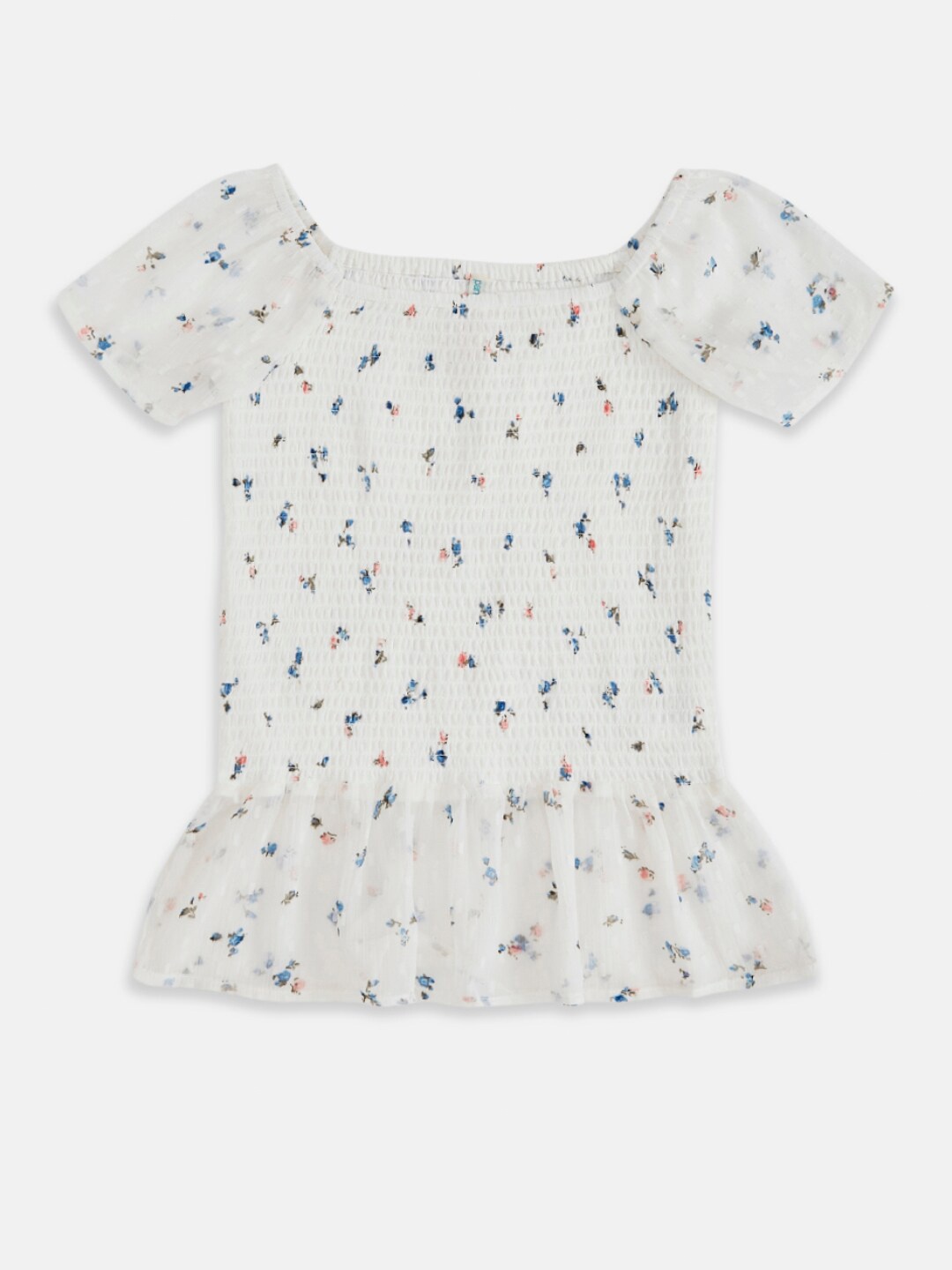 

Pantaloons Junior Girls White Floral Print Smocked Peplum Top