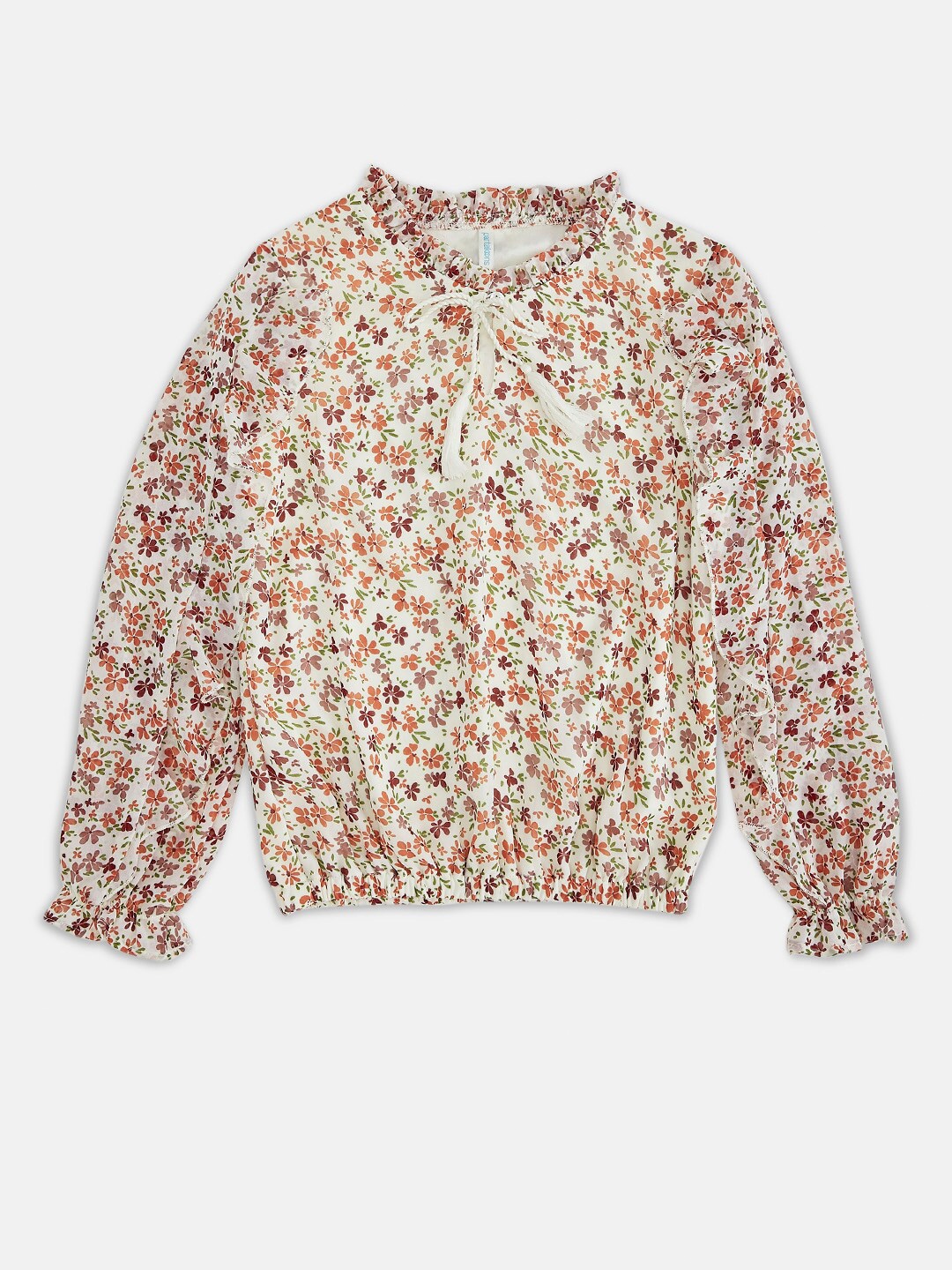 

Pantaloons Junior Girls Off White Floral Print Tie-Up Neck Blouson Top
