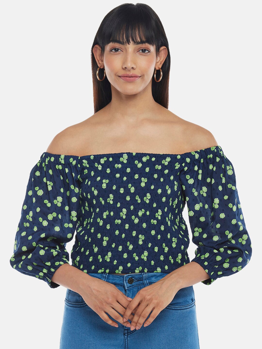 

People Navy Blue & Green Geometric Print Off-Shoulder Bardot Top