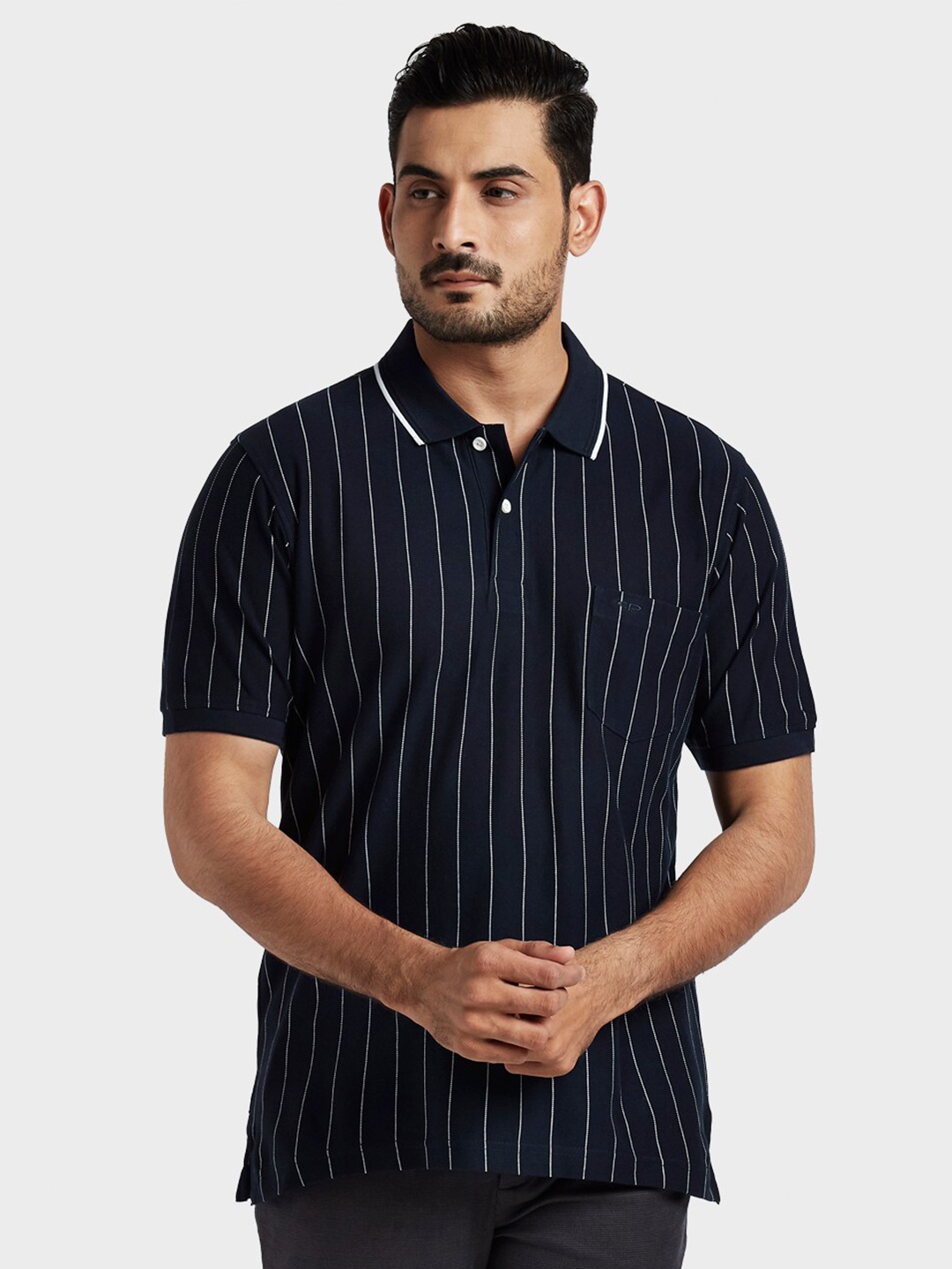 

ColorPlus Men Blue Striped Polo Collar T-shirt